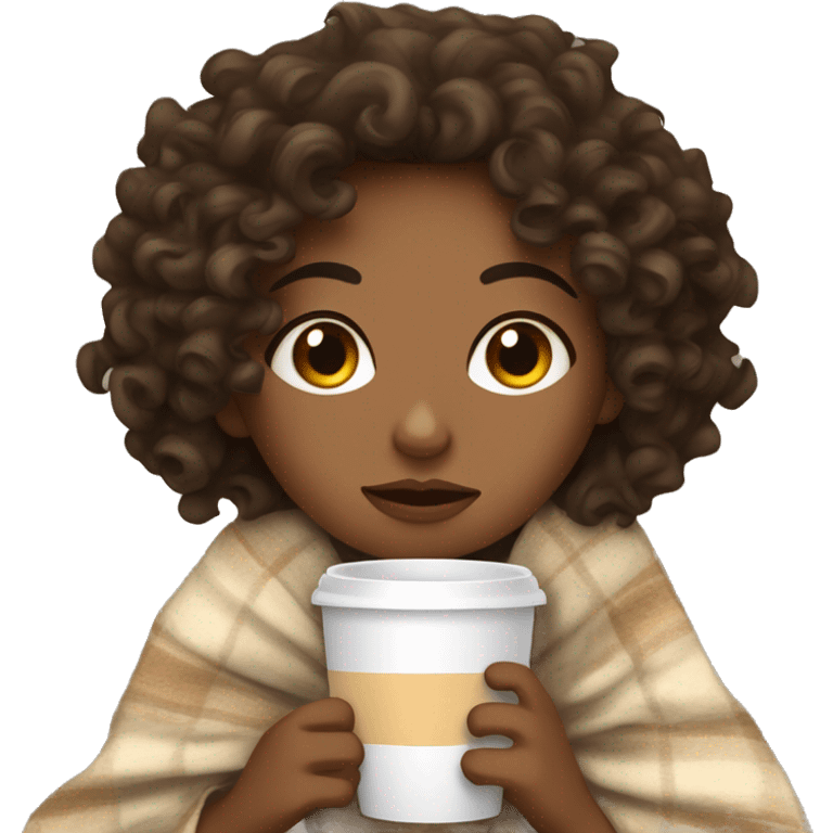 Curly girl brunette inside a blanket sipping coffee eyes closed emoji