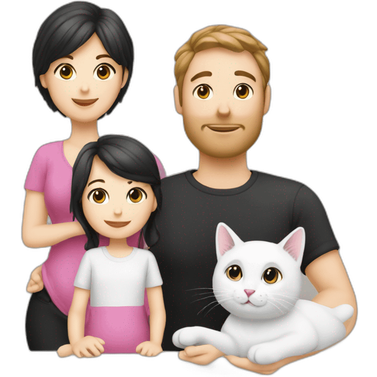 Family of 3- mum-dad-baby girl-white cat-black cat emoji