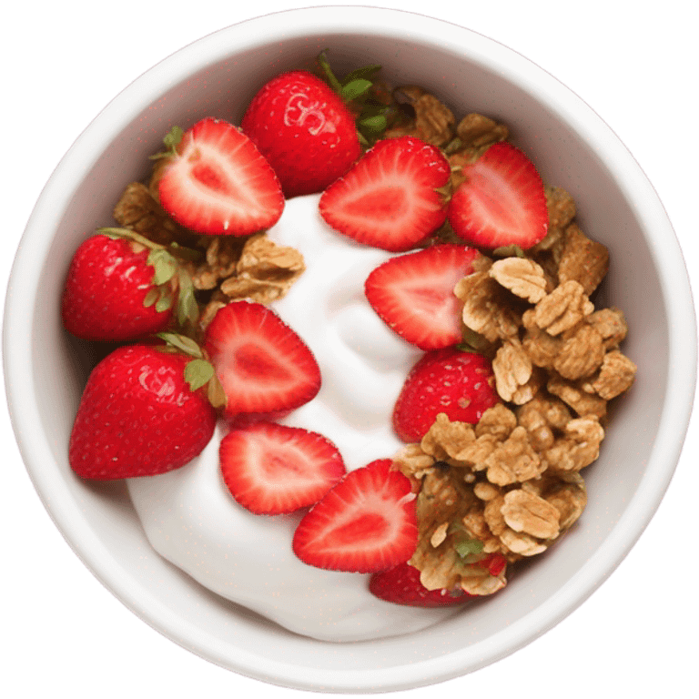 Top view of a yogurt bowl with strawberries and granola emoji