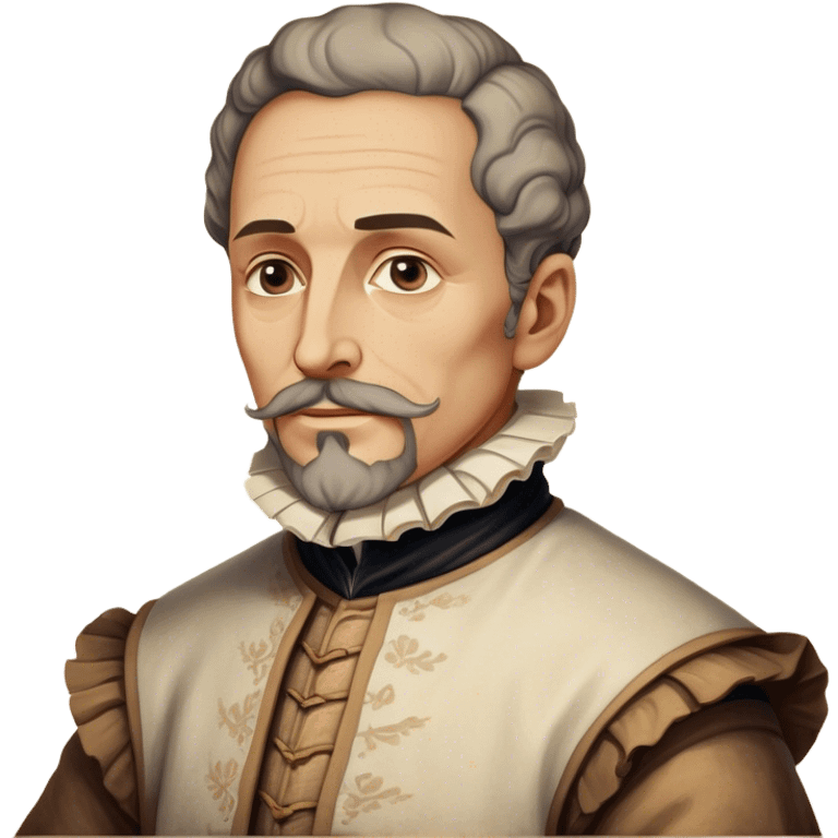 Cinematic Realistic Miguel de Cervantes Portrait Emoji, depicted as a wise thoughtful literary figure in period attire with a reflective gaze, rendered with detailed textures and soft historical lighting that captures his enduring literary legacy. emoji