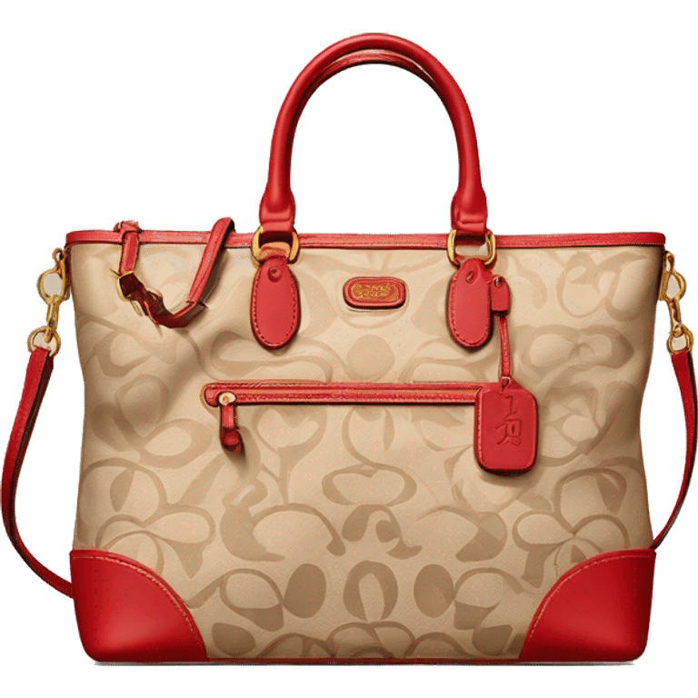 Beige Designer Coach bag with red monogram and beige trim emoji