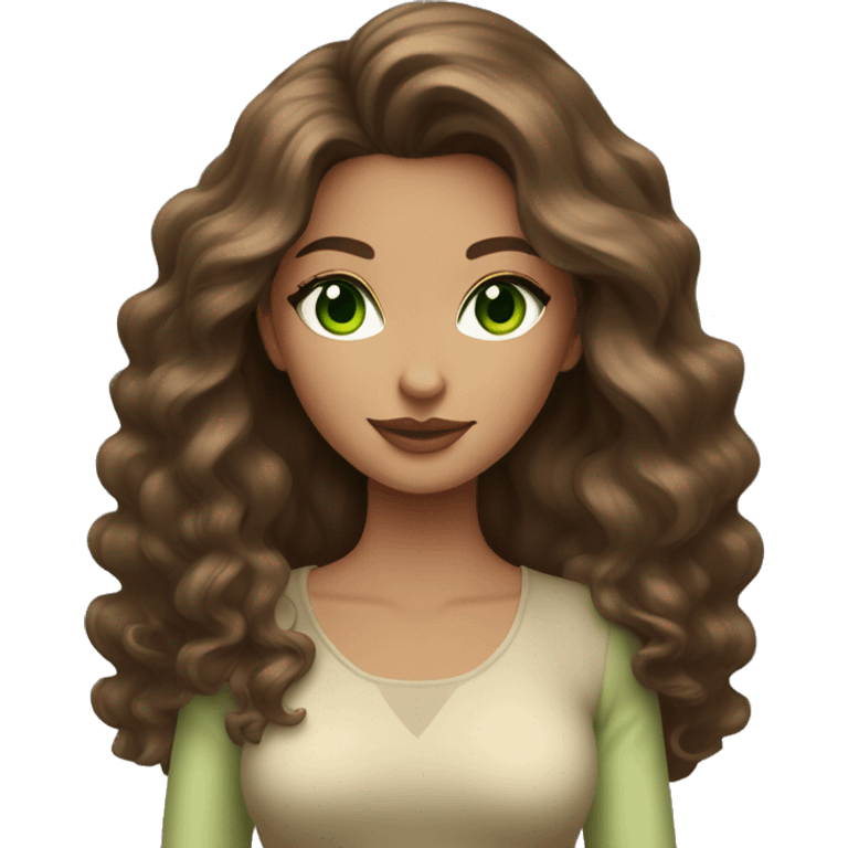 woman long medium brown wavy voluminous hair with green eyes beige skin and hot outfit emoji