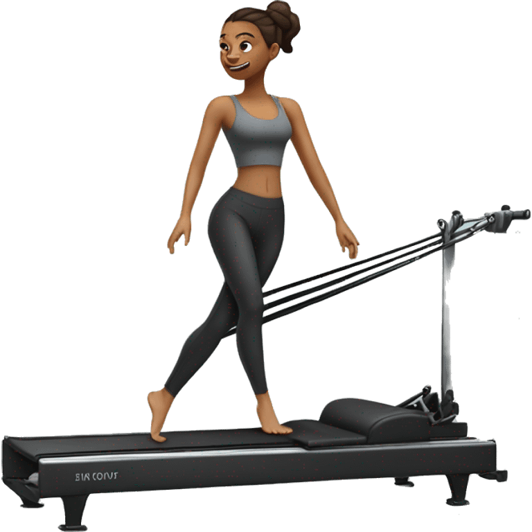 Girl on a Pilates reformer machine, mid-exercise, wearing leggings and a top






 emoji