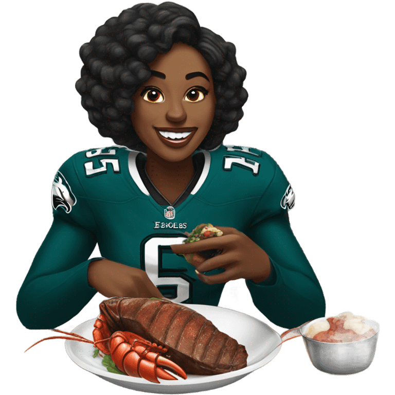 Black woman eating steak and lobster wearing an eagles jersey emoji