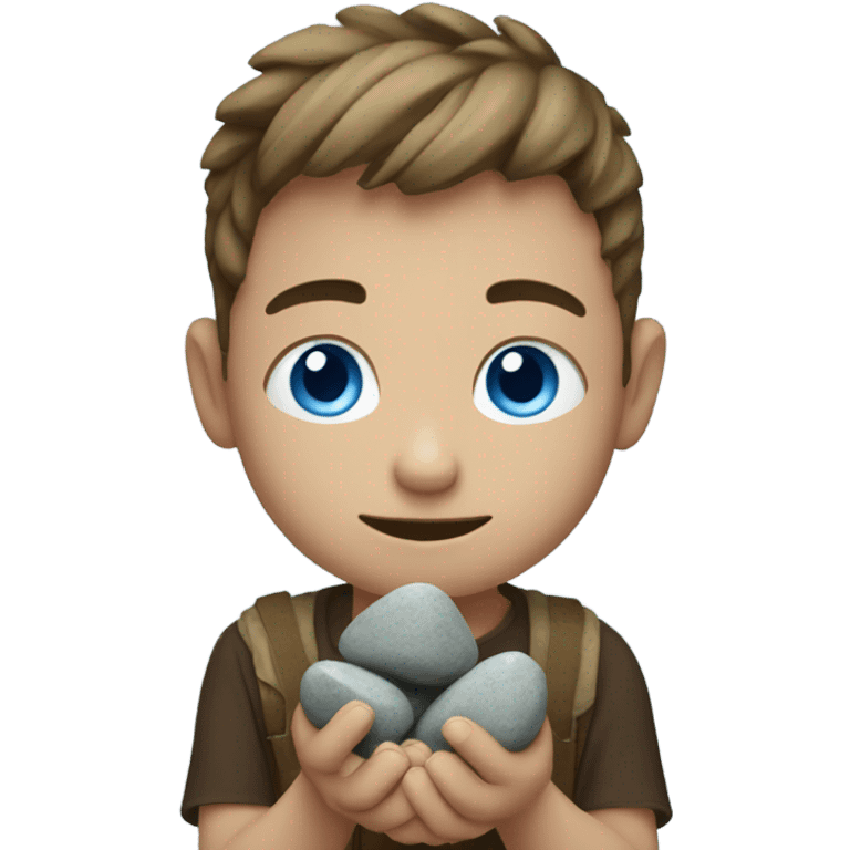 boy with blue eyes holding rocks emoji