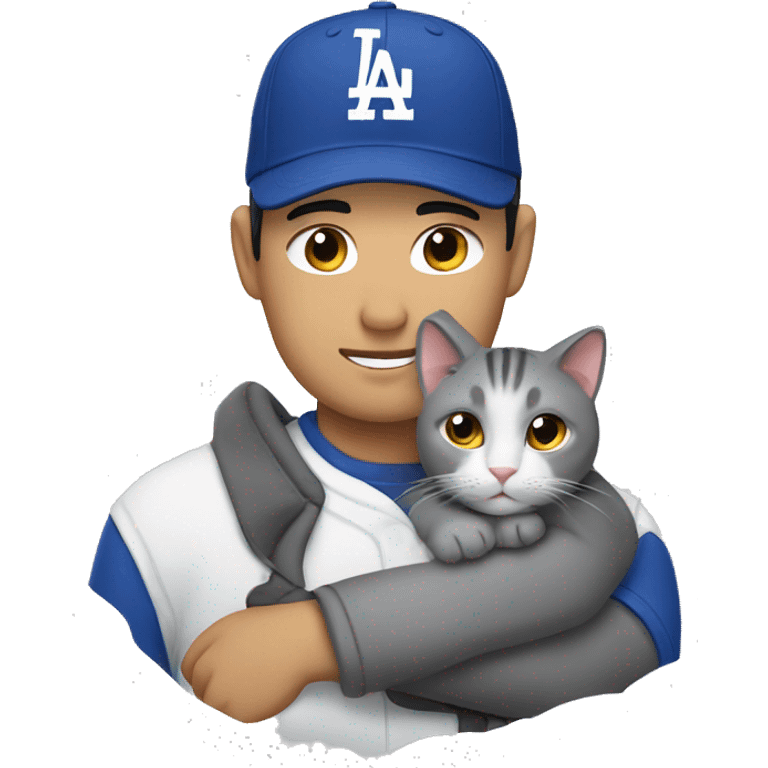 A gray cat cuddling an Asian man wearing a dodgers hat emoji