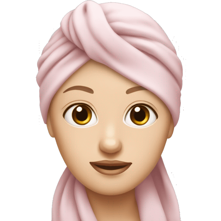 Pale White Woman wearing pale pink towel turban with hazel eyes emoji