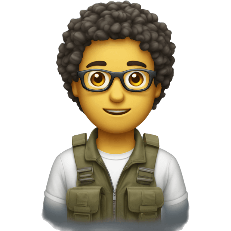 Un garçon avec des cheveux bouclés et des lunettes avec un pantalon cargo  emoji