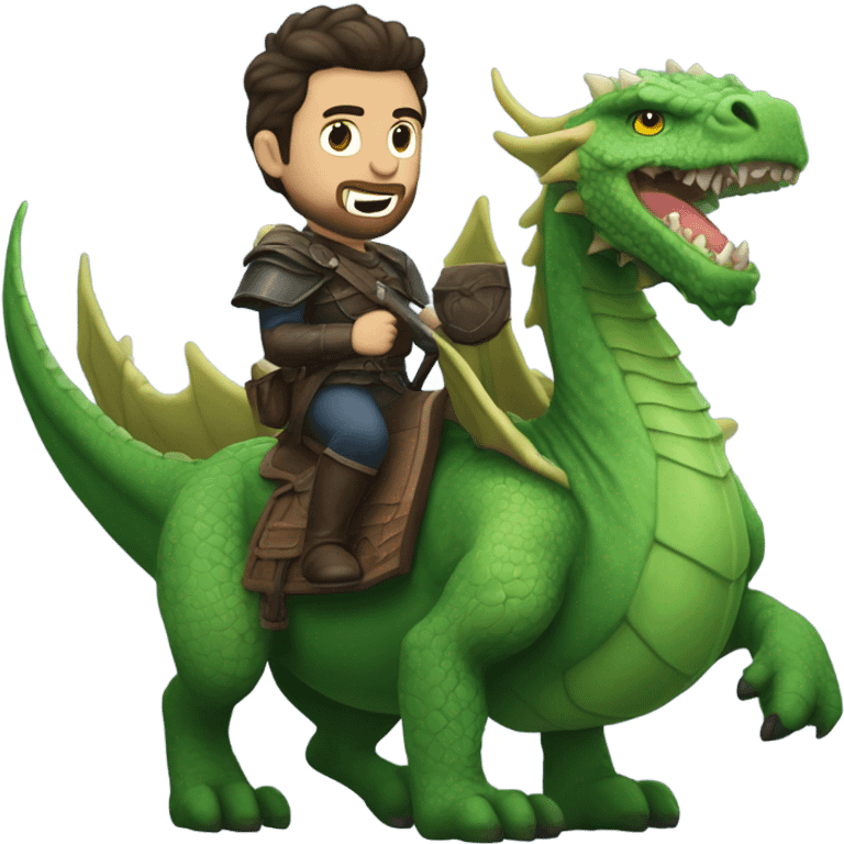 Determined armored White Man with dark brown pompadour hair and a short beard riding on the back of a giant green dragon emoji