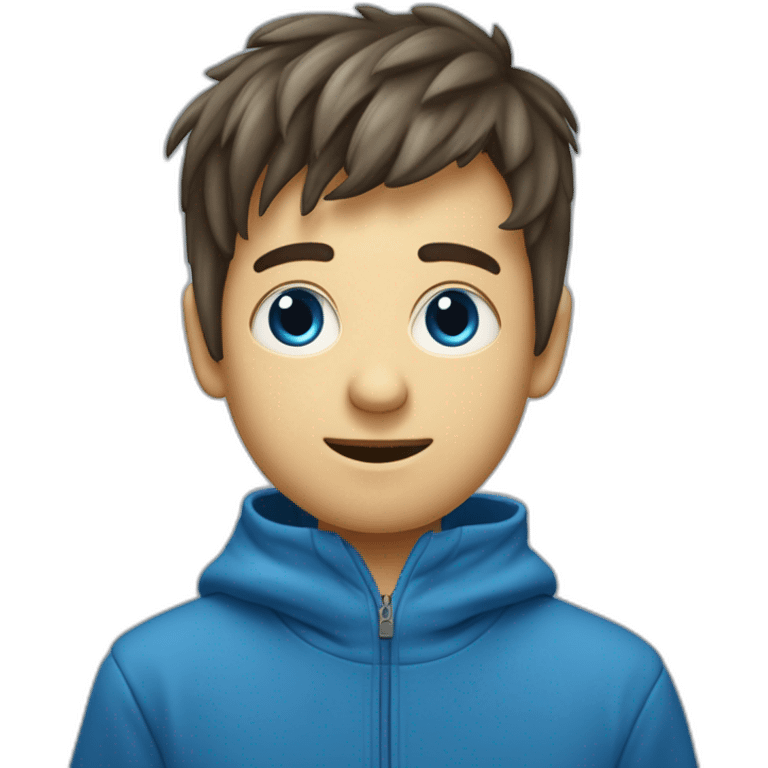 Un garçon aux cheveux châtains foncé lui arrivant aux épaules avec une frange à gauche lui tombant sur l'oeil avec les yeux bleus portant un sweat à capuche bleu qui pleure de rire emoji