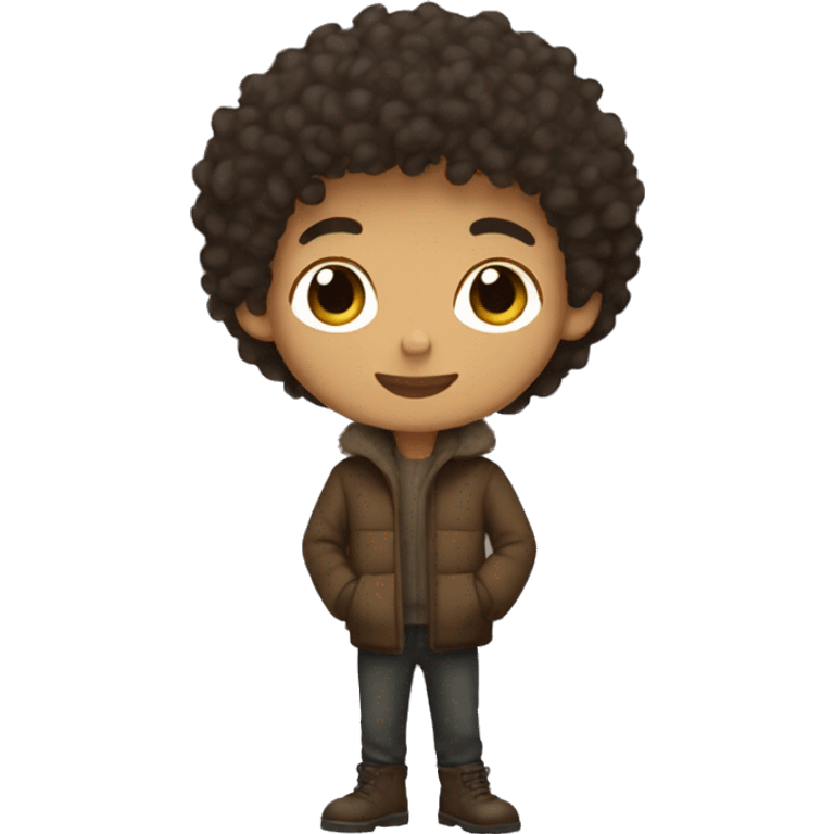 winter, christmas, hispanic,  boy, short curly hair, brown eyes, child, full body, brown coat emoji