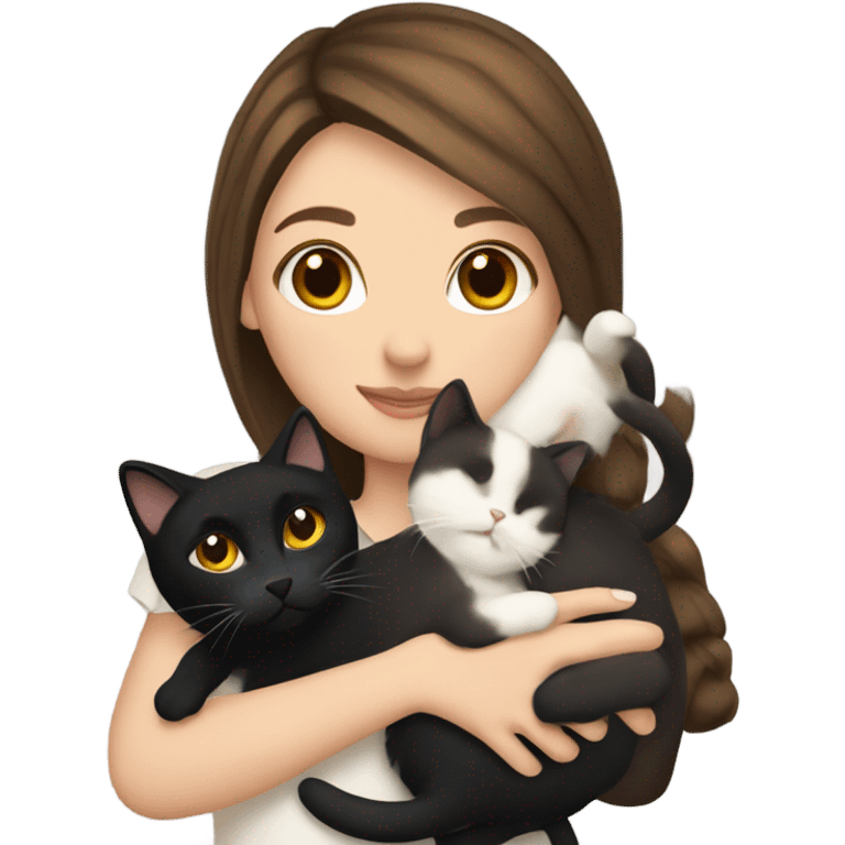 Brunette white girl holding a calico cat and a black cat emoji