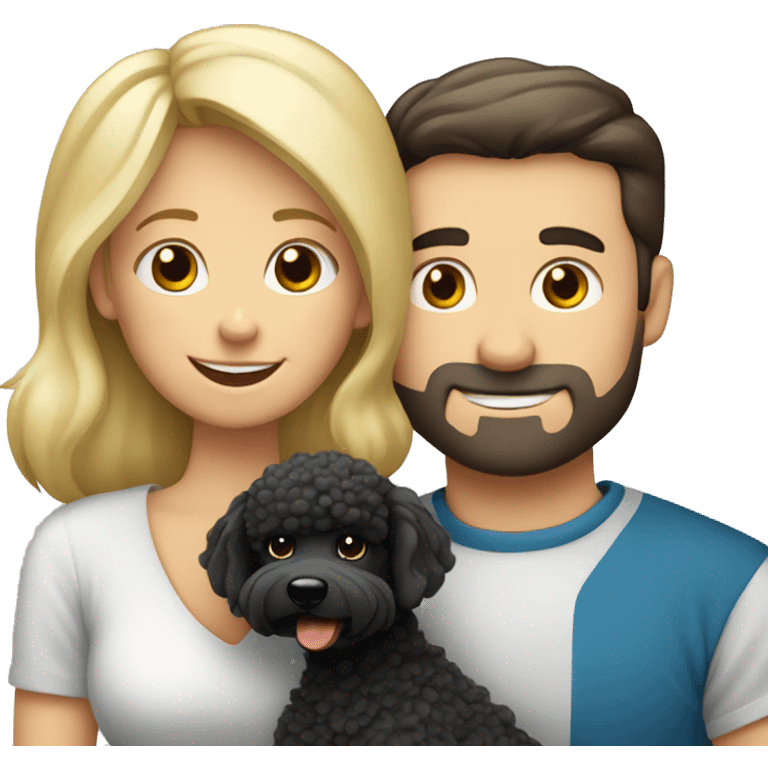 European blond mom, european dad with dark hair and European blond daughter hug black poodle emoji