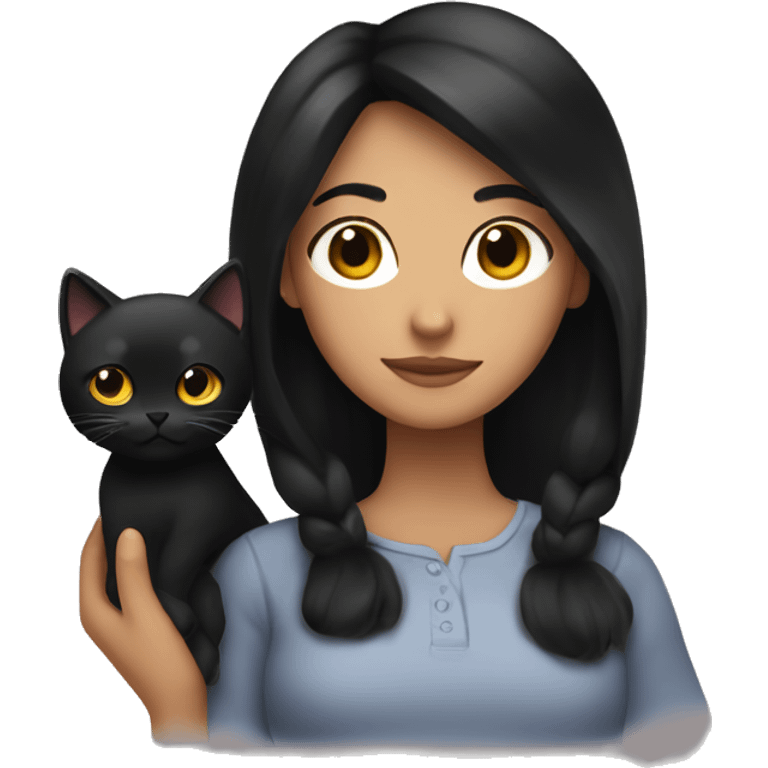 A with black hair and a black cat in her hands emoji