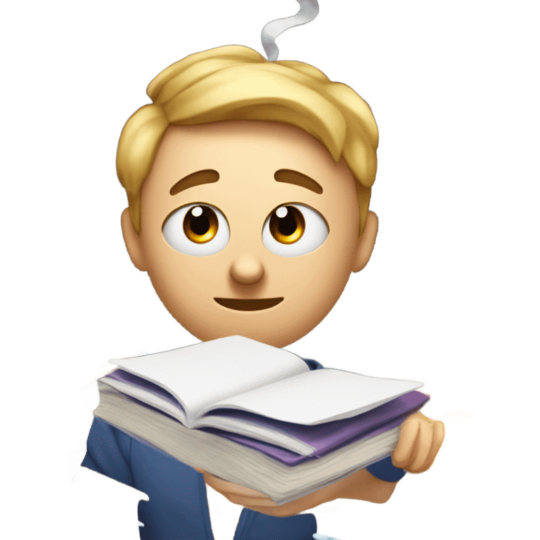  a student with books or papers scattered around their head, looking overwhelmed with symbols of exhaustion, like drooping eyes, a furrowed brow, or a head with smoke coming out to represent mental overload. emoji