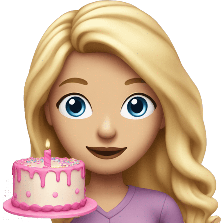 Woman with long blonde hair and blue eyes holding a pink birthday cake  emoji