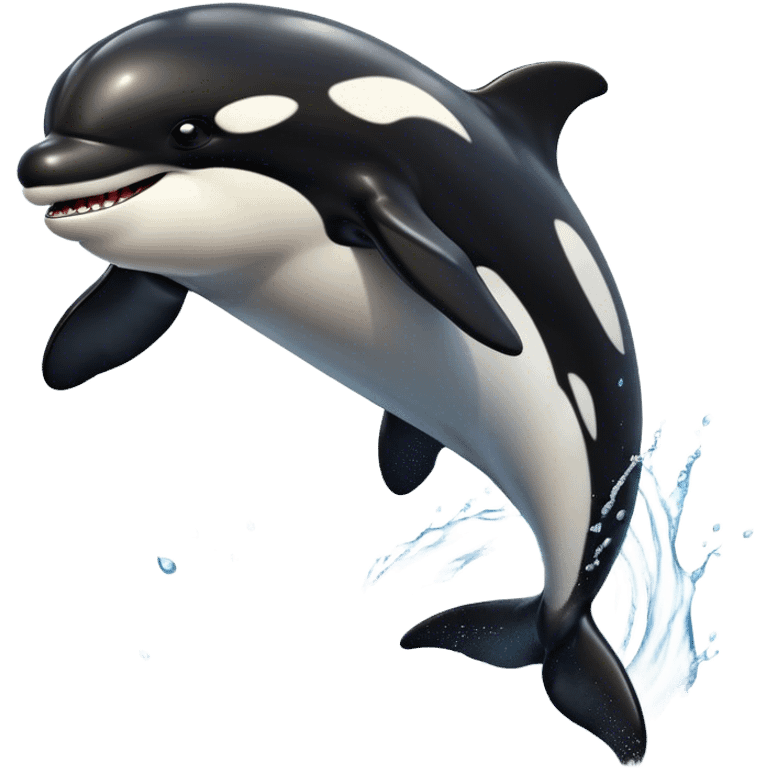 Meme-Worthy Breaching orca Portrait Emoji, Bursting powerfully out of the ocean with an impressive, high-energy leap, showcasing a sleek black-and-white body glistening with water droplets and dynamic, arched posture, Simplified yet exhilaratingly expressive features, highly detailed, glowing with a vibrant marine energy, high shine, bold and full of life, stylized with an air of untamed ocean spirit, soft glowing outline, capturing the essence of an orca mid-breach, radiating pure, unstoppable aquatic power! emoji