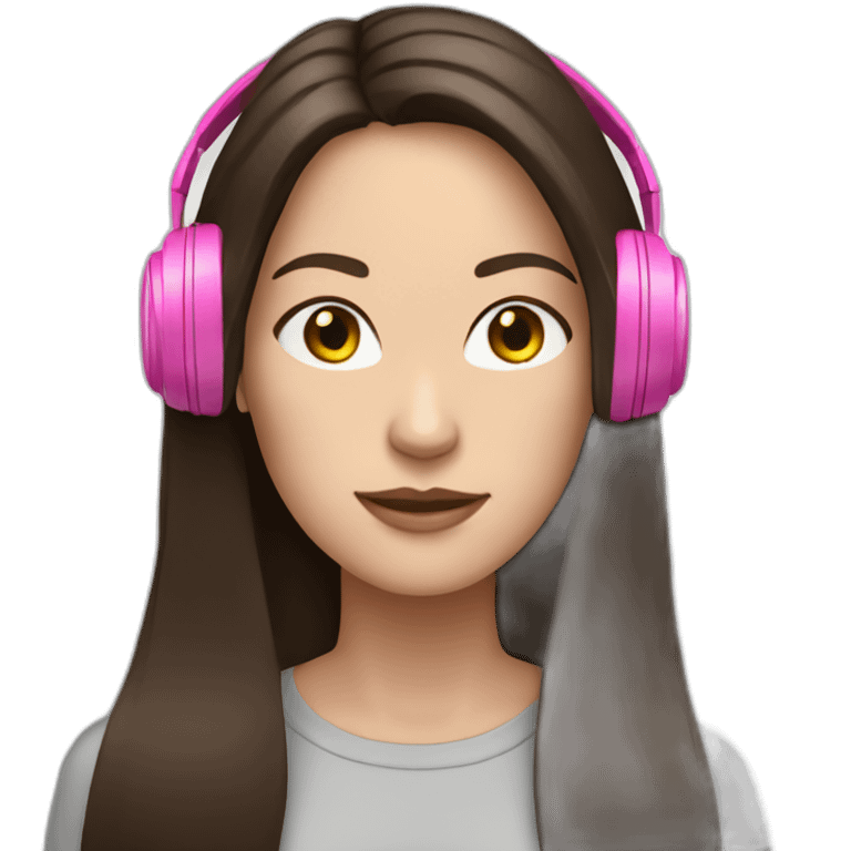 White woman with dark brown long straight hair with pink headphones on  emoji