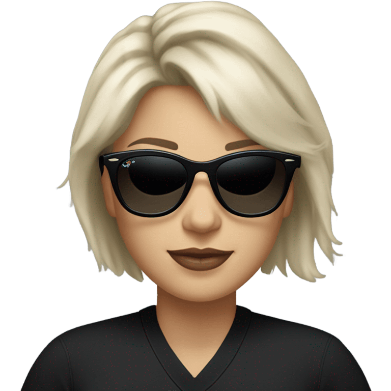 White woman with short messed silver blond hair with sunglasses big black rayban and black polo sweater  emoji