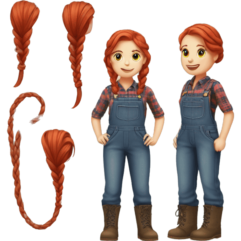 Farmer girl with red hair with braids and plaid shirt and overalls  emoji