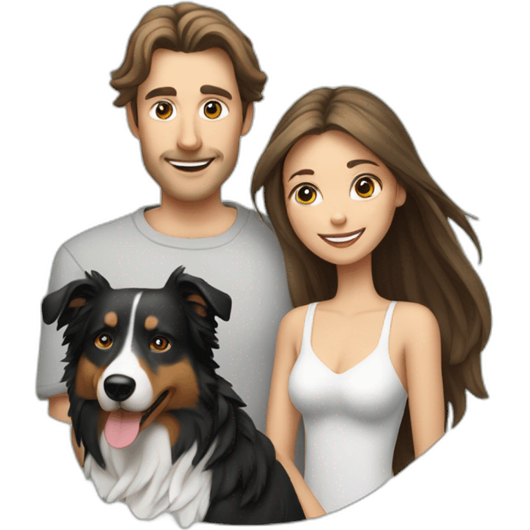 white family group of two consisting of man in hat and woman with long hair in ponytail and small border collie dog emoji