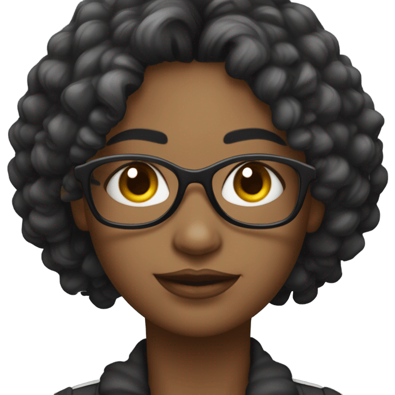 Uma mulher com cabelo escuro ,usando óculos de grau com armação preta com um colar de contas com uma pena  emoji