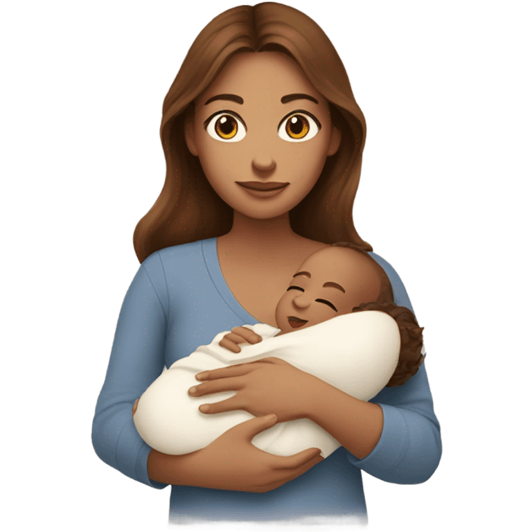 woman with hazel eyes and long brown hair holding newborn baby boy in arms emoji