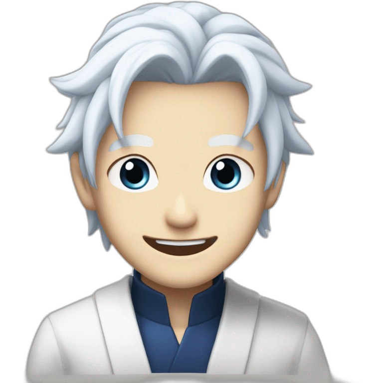 Satoru Gojo with his blue eyes,long medium white hair and a big friendly smile emoji