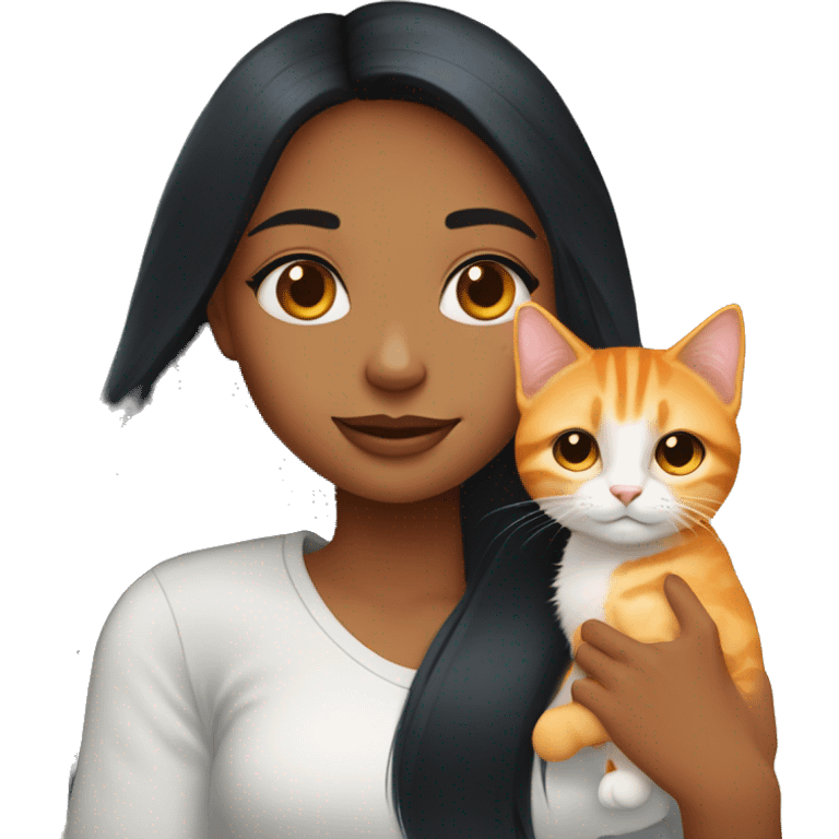 blue eyed girl with long black hair holding one chubby orange tabby cat emoji