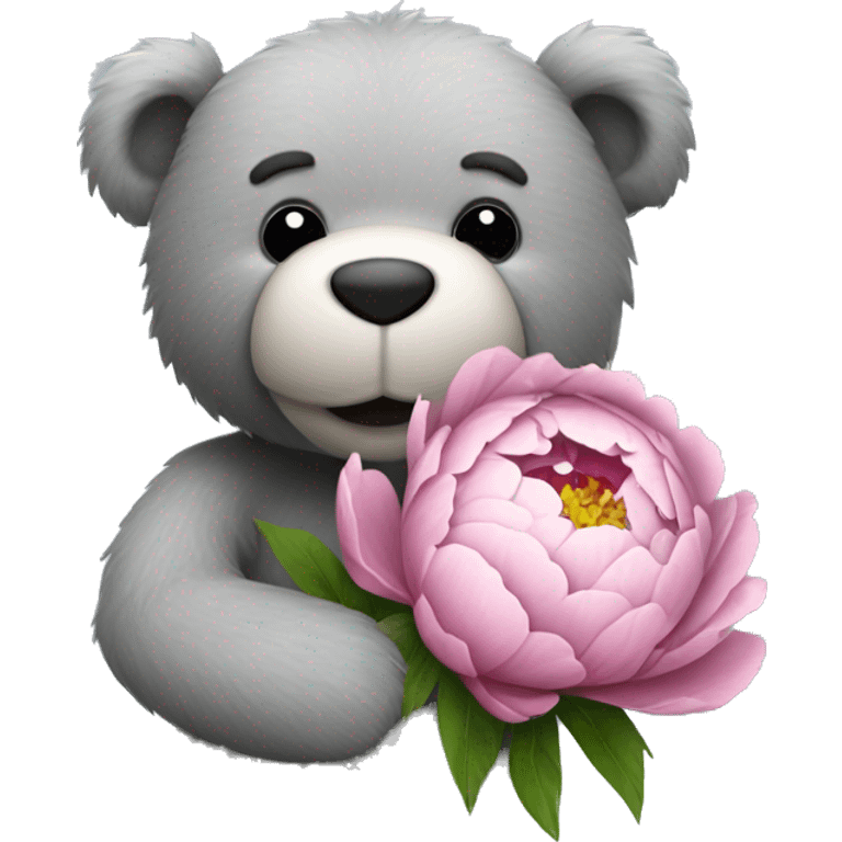 realistic-happy-teddy-grey-bear-hugging-peony emoji