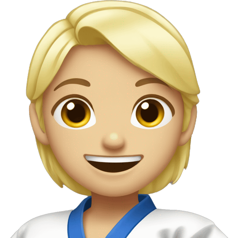 blond judo girl pointing with both hands to mouth and wide smile emoji