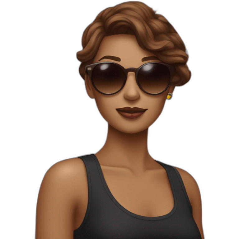 gay pride sunglasses on female head with wavy brown hair holding pride flag emoji