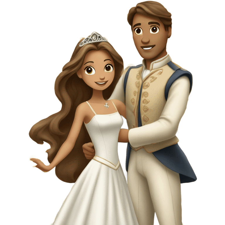 a princess with long brown hair and tan skin  dancing with a prince emoji