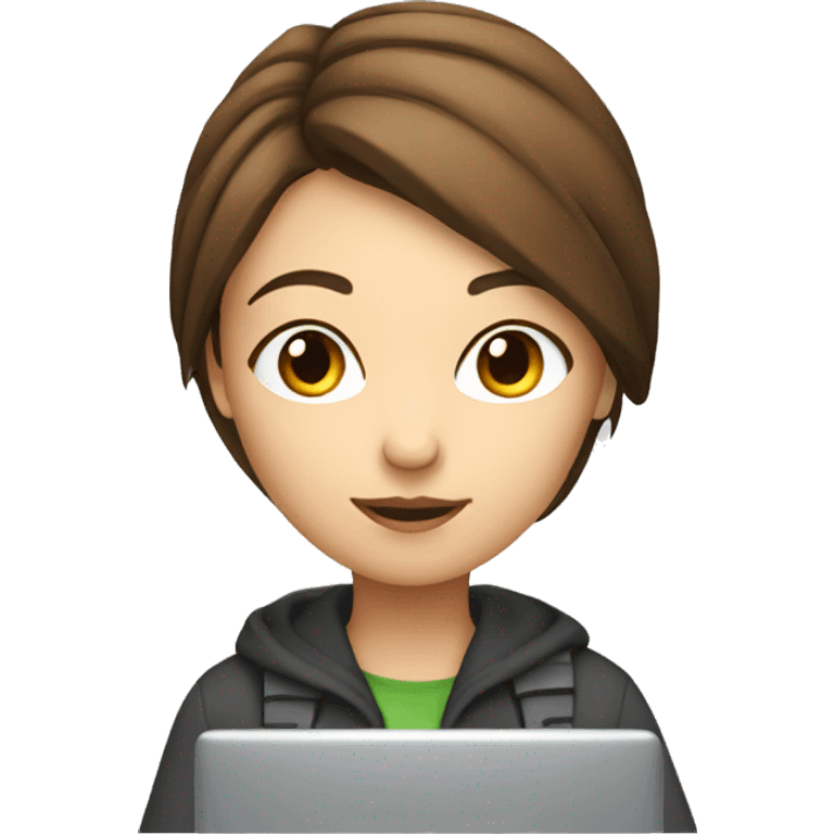 pretty programmer girl with brown hair working with PC emoji