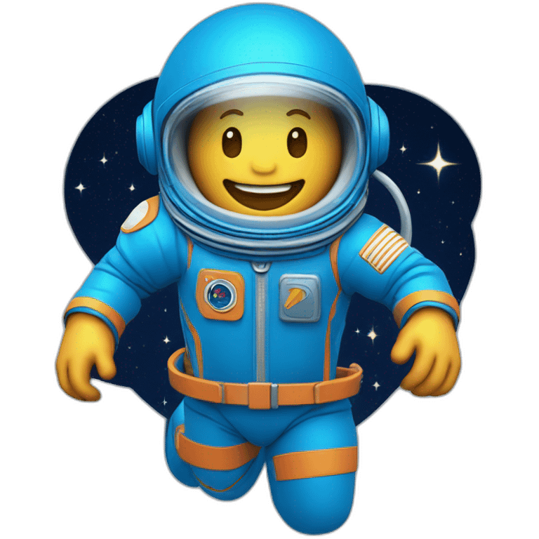 blue spaceman in a blue suit flying straight up into space with bluecadet logo on sleeve emoji