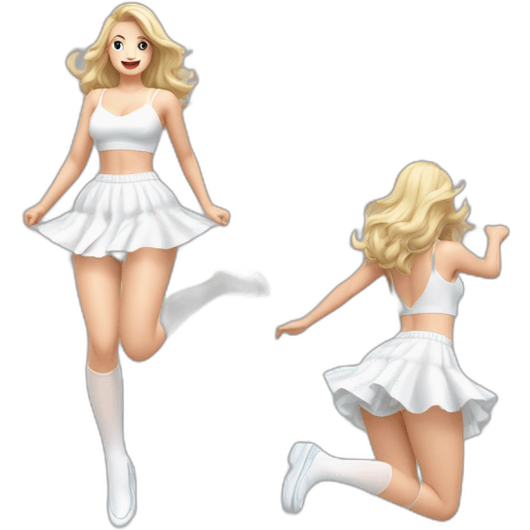 realistic full body caucasian curvy beauty jumping short transparent skirt back and front views strong wind white knickers long white socks emoji