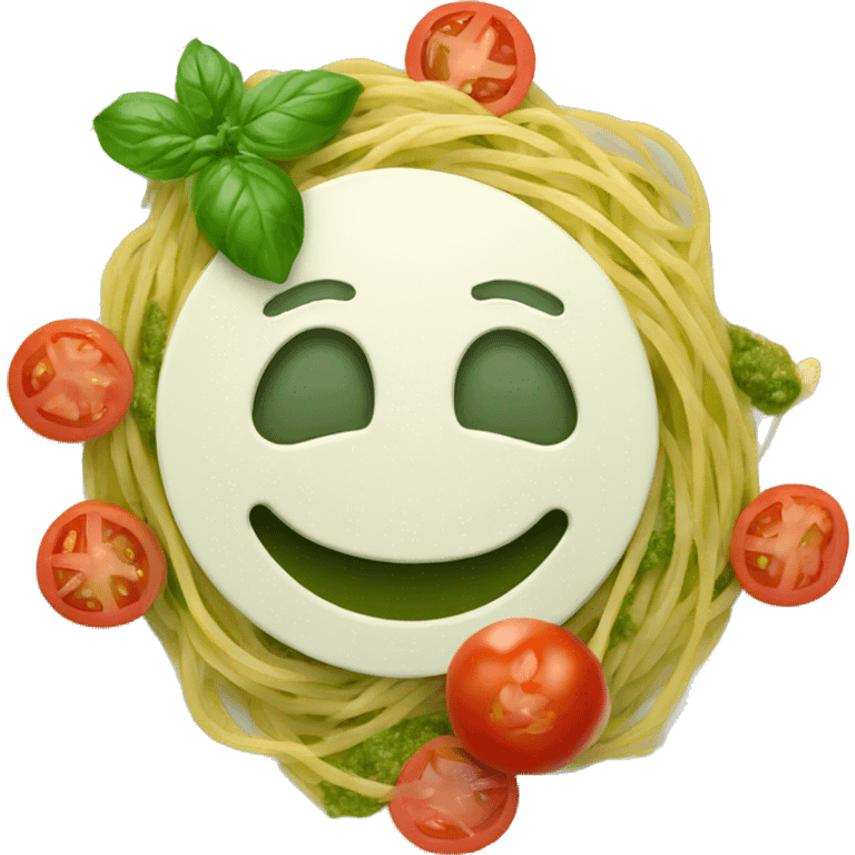 A plate with spaghetti with green pesto with mozarella and tomato  emoji