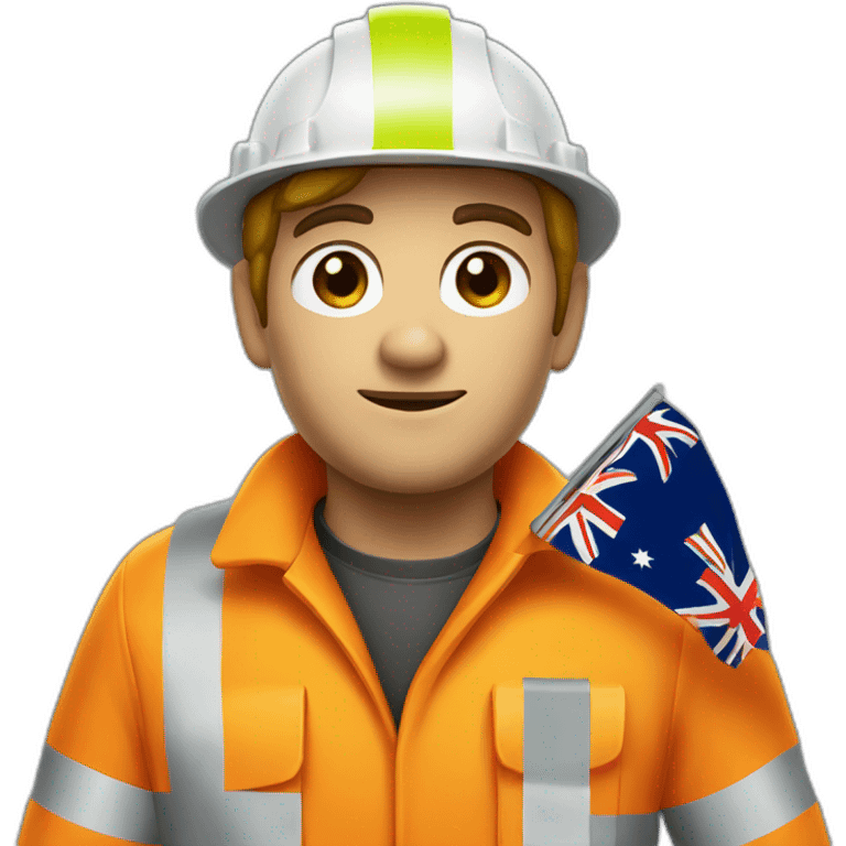 white miner wearing orange high vis and holding an Australian flag emoji