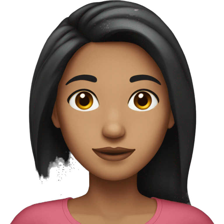 Black-haired woman with long hair, brown eyes, showing a heart emoji