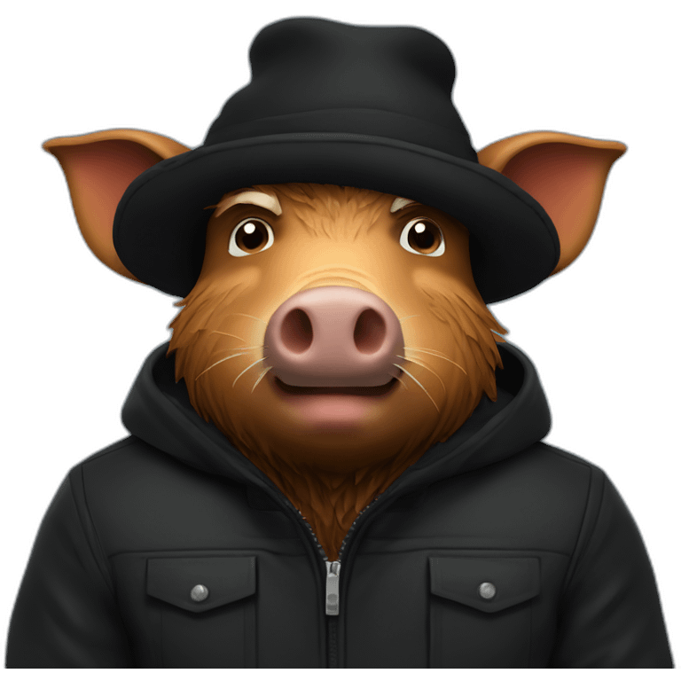 fullface wild tired brown boar with stubble in a black jacket and a black winter hat emoji