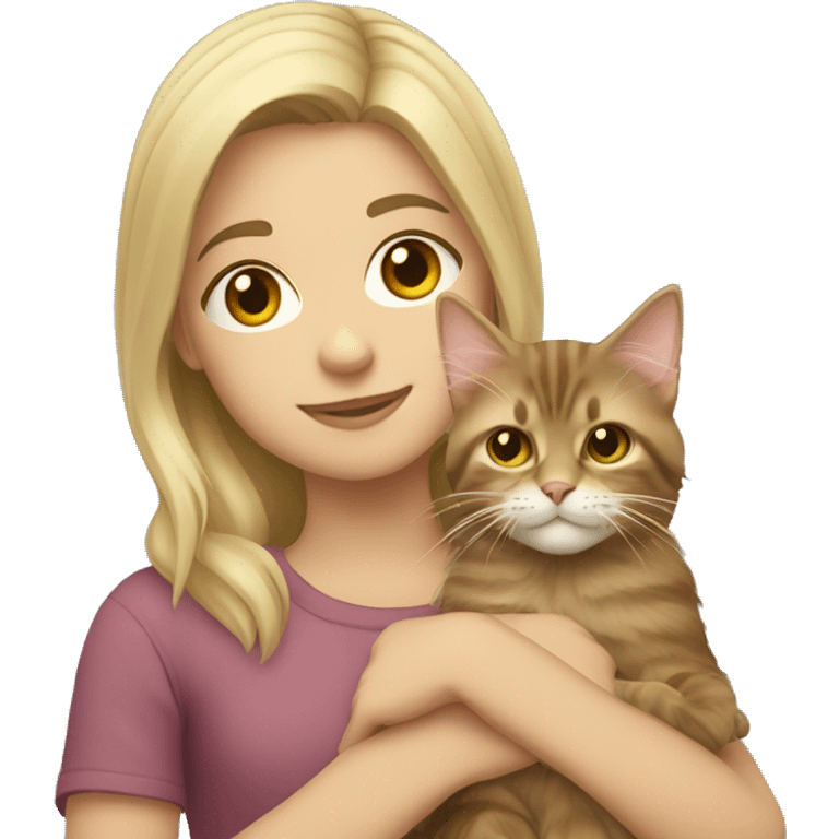 A blonde girl holds a maine coon cat in her arms emoji