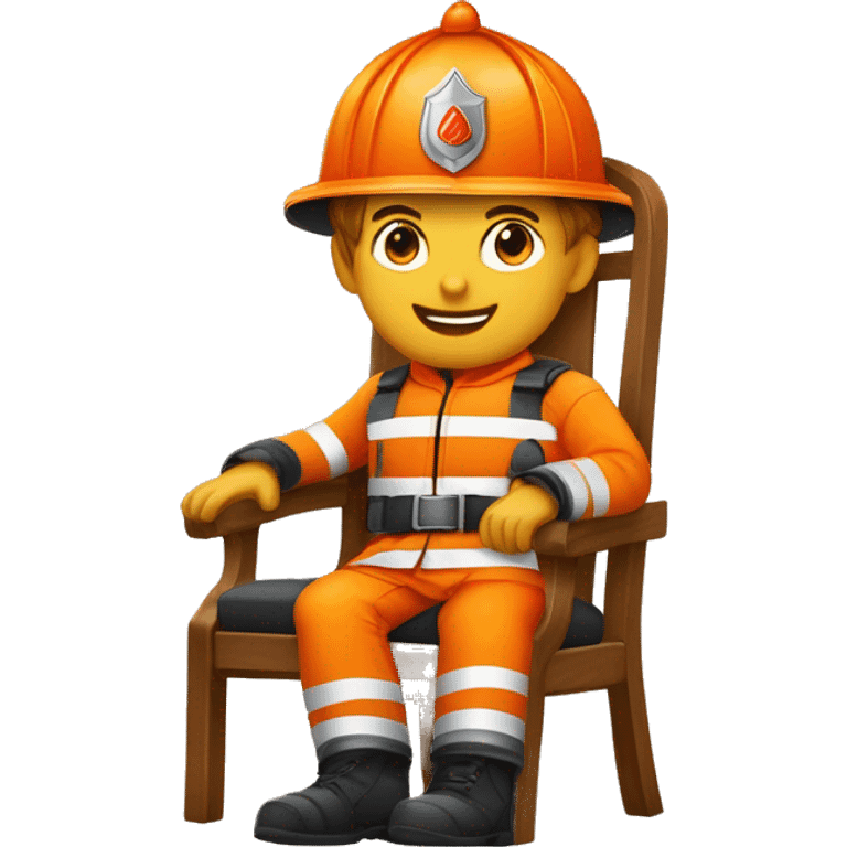 Jeune sapeurs pompiers en tenue de feu casque orange sur une chaise qui sert la main à une personne  emoji