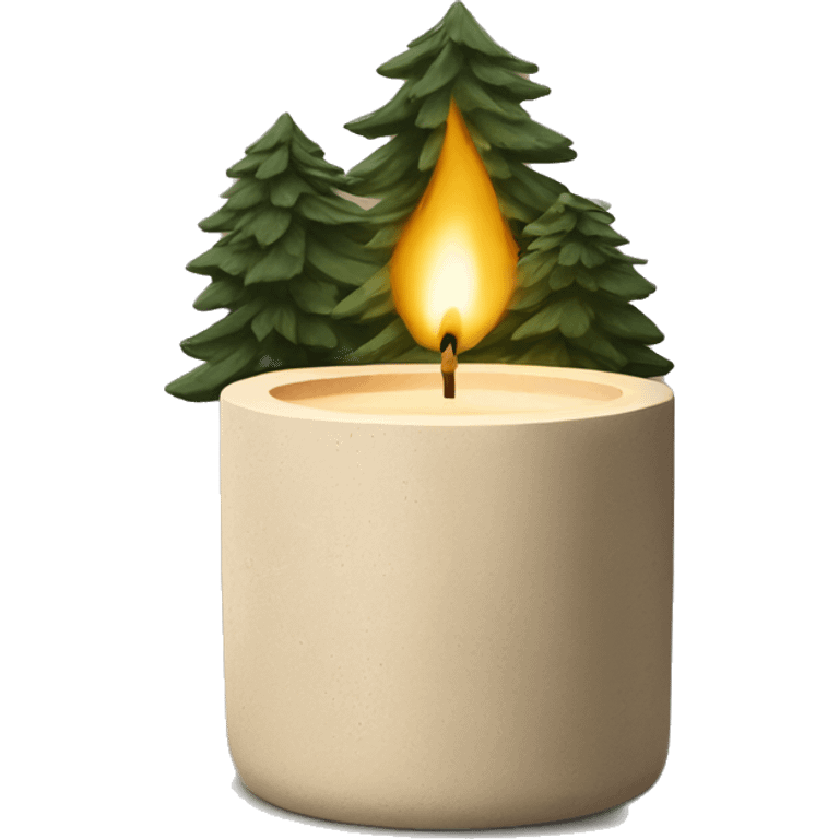 Candle in beige concrete vessel with painted pine trees emoji