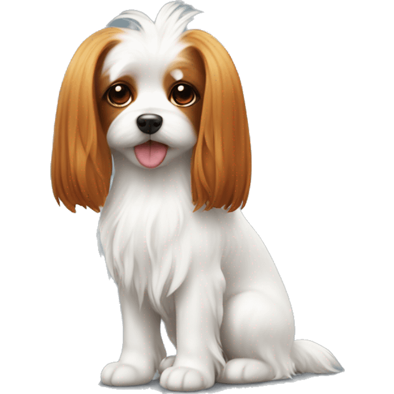 a small Maltese lapdog with long ears and a tail on its head and a red-haired girl with long hair emoji