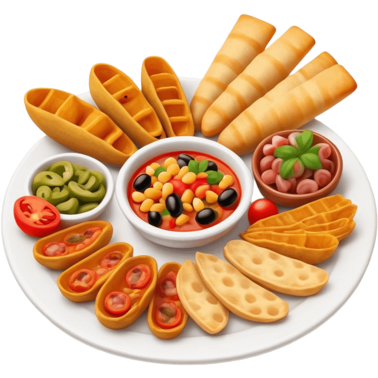 Cinematic Realistic Tapas Dish Emoji, depicted as an assortment of small, flavorful Spanish appetizers rendered with vibrant detail and warm, inviting lighting. emoji