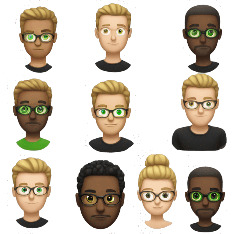 White Man with green eyes and clea glasses and a black t shirt and a man bun emoji