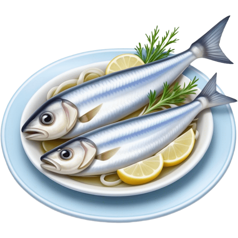 Cinematic Realistic Herring Dish Emoji, showcasing a traditional preparation of fresh herring with onions rendered with lifelike detail and cool, crisp lighting. emoji