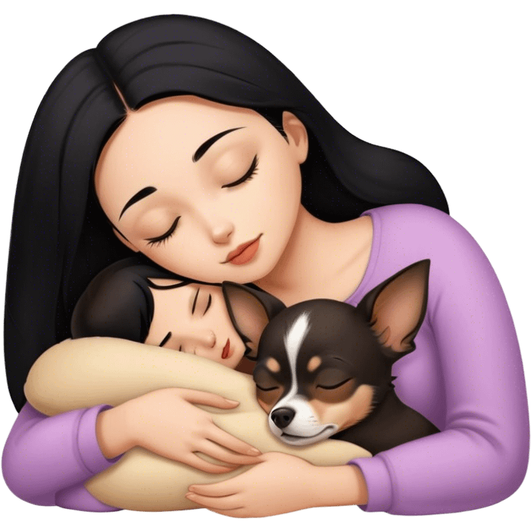 Girl with black hair sleeping with brown chihuahua  emoji