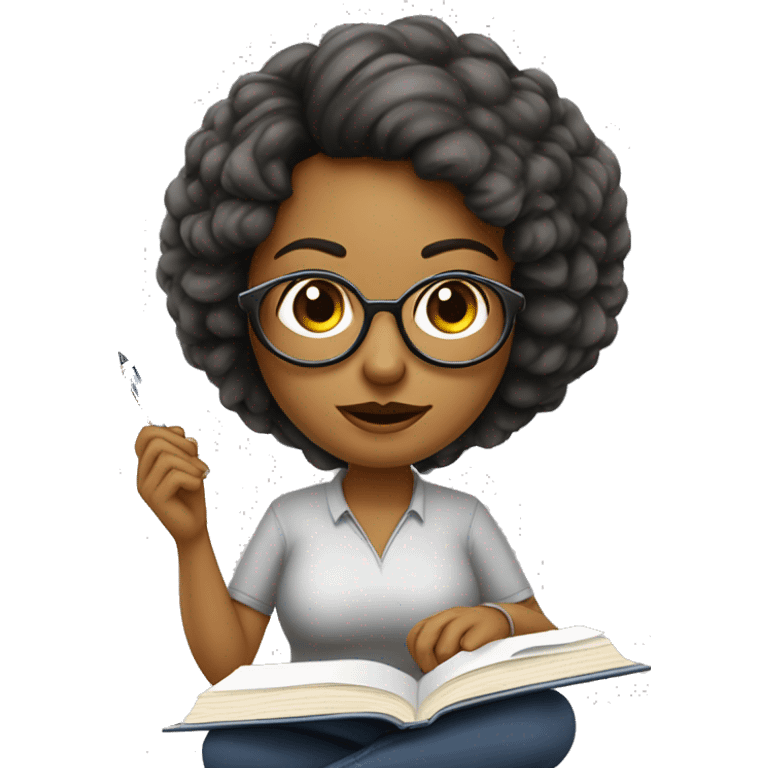 Mulher psicologa de sueter usando oculos anotando no caderno emoji