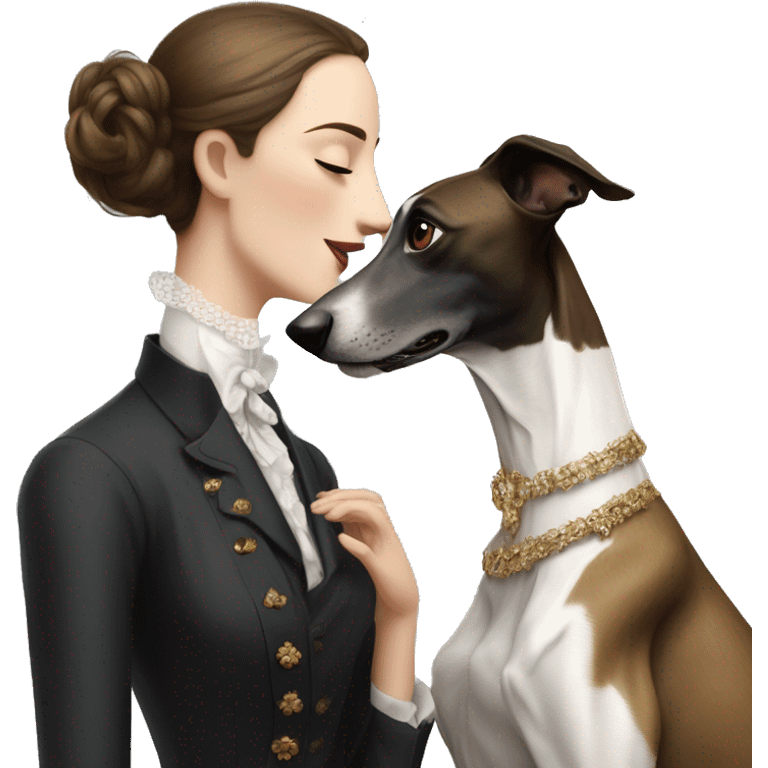 Two aristocrat dog black and white galgo kiss with women with brown hair  emoji